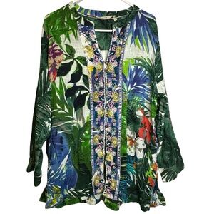 Soft Surroundings Shangri La Tunic Women’s XL‎ Tropical Embroidered Beaded Shirt